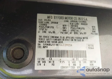 2003 Ford Expedition Xlt z USA, uszkodzony, nr VIN 1FMRU15W73LC29224